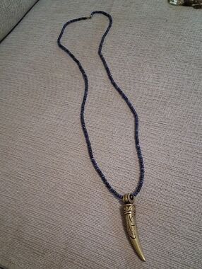 Beaded Navy Blue Necklace with Gold Tusk Pendant